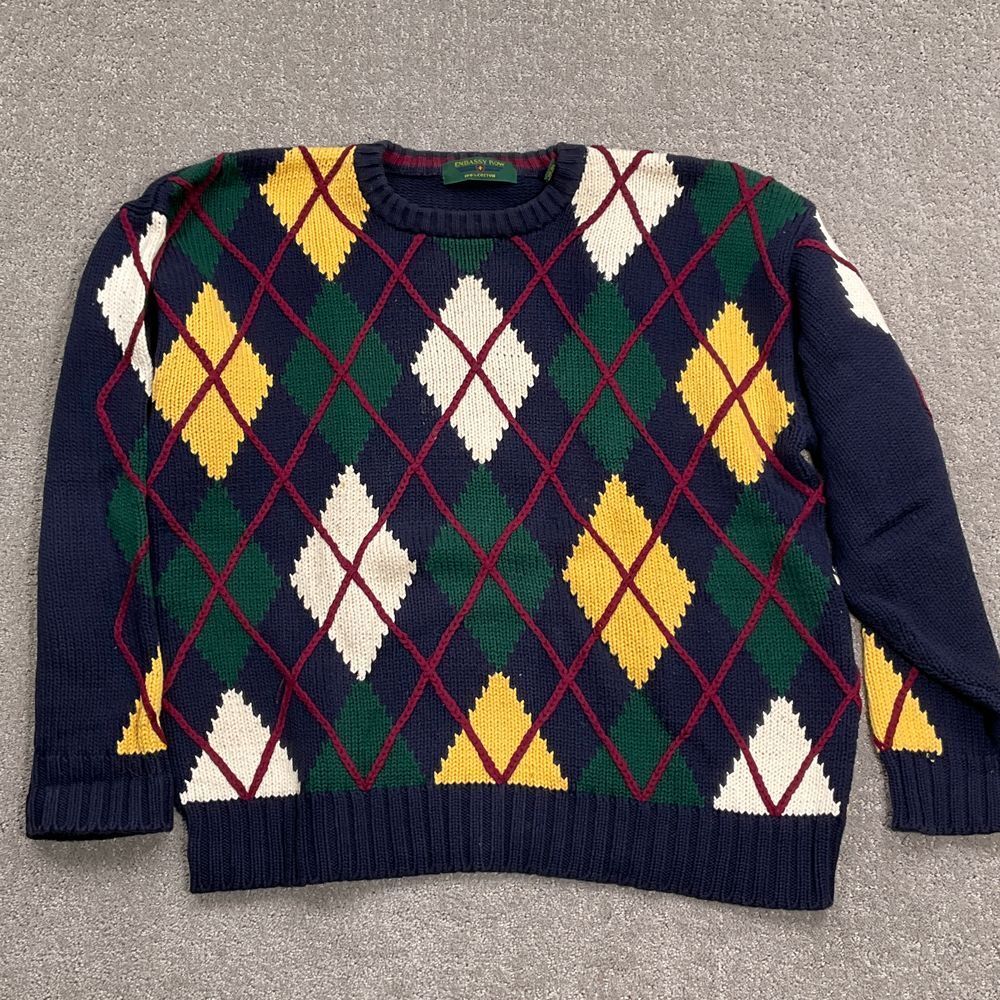 Embassy Row Sweater Men L‎ Blue Green Argyle Diamond Cotton Retro Preppy VTG